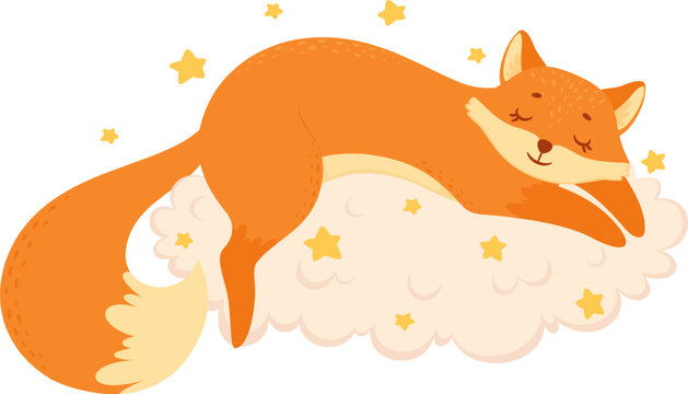 Little fox sleeping peacefully on cloud with stars