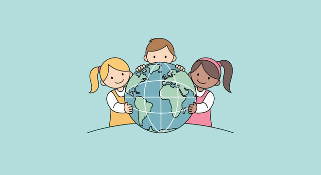 Cartoon illustration of three diverse children holding a globe, symbolizing unity.