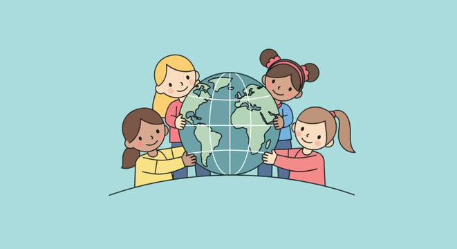 Four cute girls hug a globe on a blue background. Unity and world peace concept.