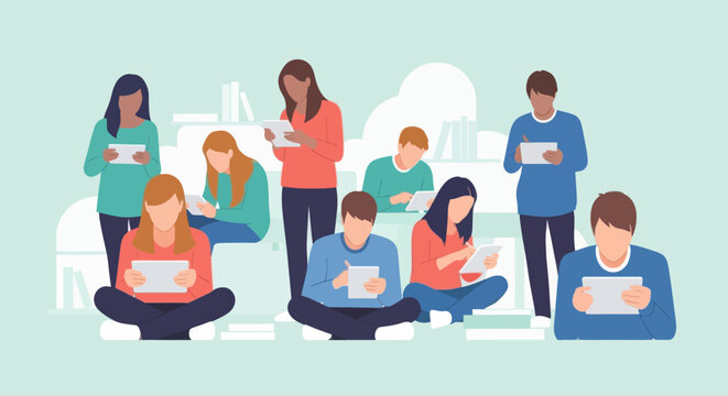 Diverse group of young adults using tablets for education, communication, and entertainment.