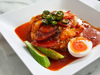 A savory dish of barbecued red pork in rich sauce served over rice, garnished with sliced green chilies, cucumber, and half a boiled egg. Presented on a white plate