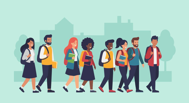Group of students walking with backpacks and books on their way to school, vector art. - Powered by Adobe