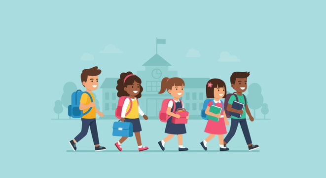 Group of diverse children walking to school with backpacks and books. Education concept.