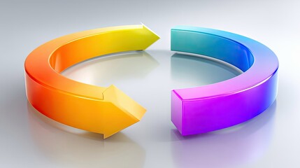 A 3D rendered circular arrow diagram with a smooth rainbow gradient, set against a clean, reflective gray background. The arrows indicate a continuous cycle or