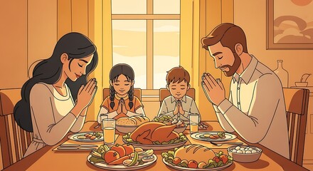Family Dinner Prayer: Parents and Kids Giving Thanks Before Holiday Meal