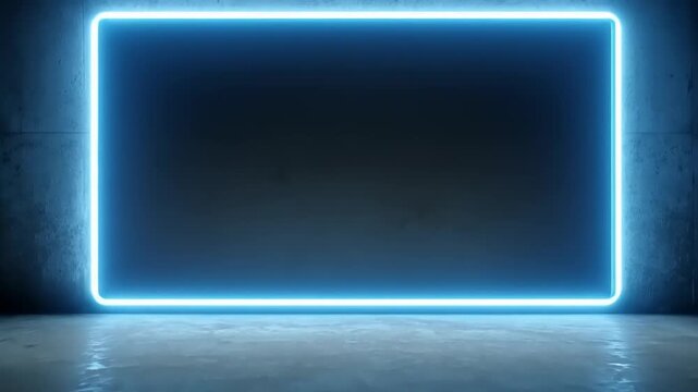 Bright blue neon rectangle illuminated against dark concrete background