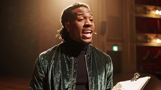 A young man with dreadlocks reading a script or book on stage in a theater with warm lighting and red velvet curtains in the background