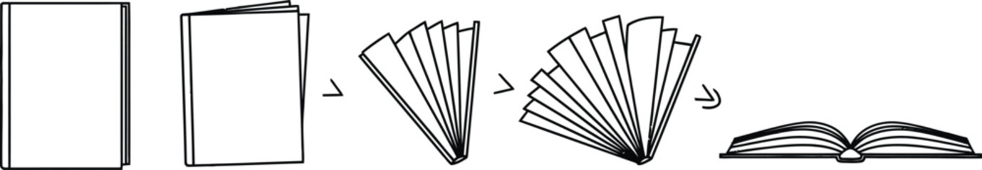 Book opening stages illustration in black and white line art