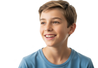 A close-up portrait of a young man smiling, wearing a blue shirt, blue, boy, child, laugh, portrait, shirt, smile 