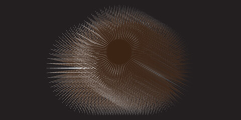 A sharp geometric abstract burst made of hundreds of metallic brown and silver radial spikes emerging from a dark circular center, forming a dynamic starburst pattern with layered textures, subtle hig