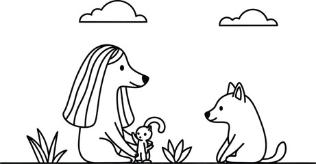 Whimsical line art illustration of girl with dogs and toy
