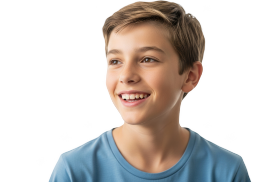 A close-up portrait of a young man smiling, wearing a blue shirt, blue, boy, child, laugh, portrait, shirt, smile 