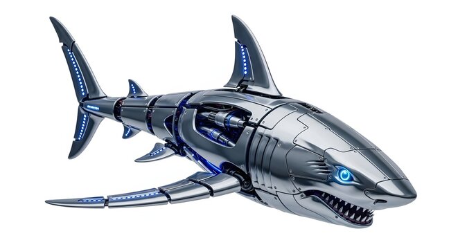 Futuristic metallic robot shark with blue glowing eyes isolated on white background