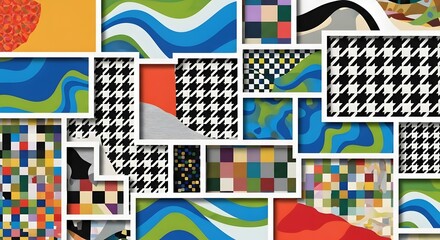 Colorful abstract collage with geometric patterns and retro vibes creating a vibrant background art