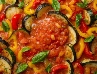 Vibrant cooked vegetable medley with zucchini, colorful bell peppers, and fresh basil in a rich tomato sauce