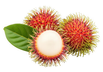 Fresh rambutan fruit with one peeled to show its white flesh, accompanied by a green leaf, isolated on transparent background