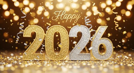 Happy new year 2026 golden and silver sparkling numbers celebration