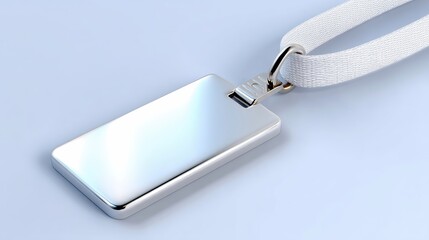 A blank, rectangular silver name tag with a white fabric lanyard is displayed against a soft, light blue background. The metallic surface of the tag reflects li