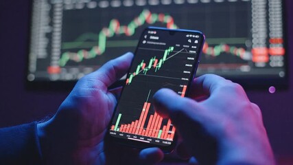Close up hands using smartphone trading app with stock market candlestick chart on screen - Powered by Adobe