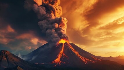 Massive volcano erupting with fiery lava flows and towering ash plume against a dramatic sunset sky