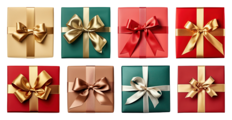 PNG Colorful gift boxes with bows, element set on transparent background