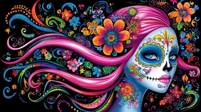 Vibrant Day of the Dead Makeup & Rainbow Hair · Artistic Cultural Portrait Concept