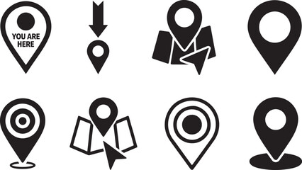 Bold “You Are Here” pinpoint icon set in clean silhouette style, ideal for maps and navigation.