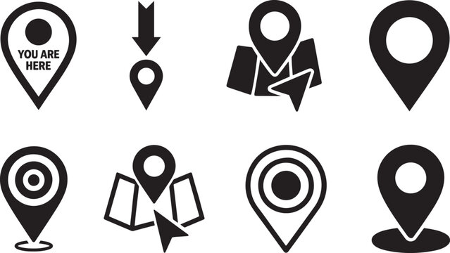 Bold &ldquo;You Are Here&rdquo; pinpoint icon set in clean silhouette style, ideal for maps and navigation.
