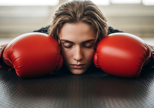 Young boxer resting with red gloves boxing female