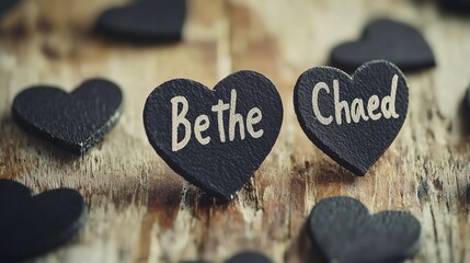 Black heart blocks with "Be the/Chaed" text on wood, ideal for inspirational decor, brand slogans, home styling, and motivational visual projects.