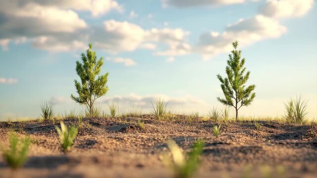 Two small pine trees grow on a dirt mound against a bright blue sky with white clouds