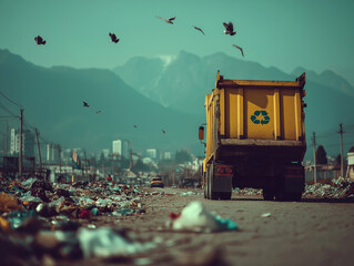 Rubbish truck driving through a littered road with mountains in the background, showcasing waste management and environmental challenges in urban settings