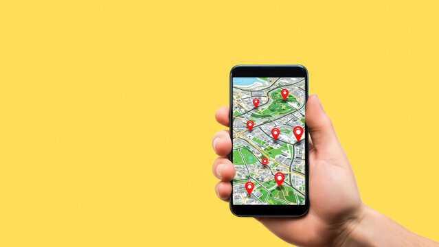 Smartphone shows vibrant map with marked locations, created AI