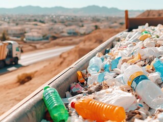 Rubbish truck collecting waste materials from a landfill site, showcasing plastic bottles and debris, emphasizing environmental impact and waste management concept