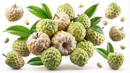Obraz premium Delicious tropical custard apples with fresh green leaves.