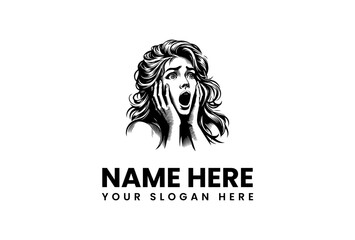 Scared Woman Vector Logo Illustration Frightened Female Face with Open Mouth and Hands on Cheeks