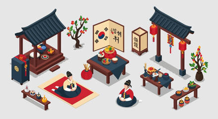 A detailed isometric scene depicting a traditional Korean ancestral memorial ceremony with customary food and decor elements