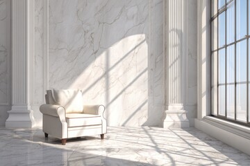 Elegant armchair rests in a sunlit classical interior featuring marble surfaces and architectural columns