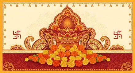 Traditional hindu wedding invitation design with kalash and marigolds