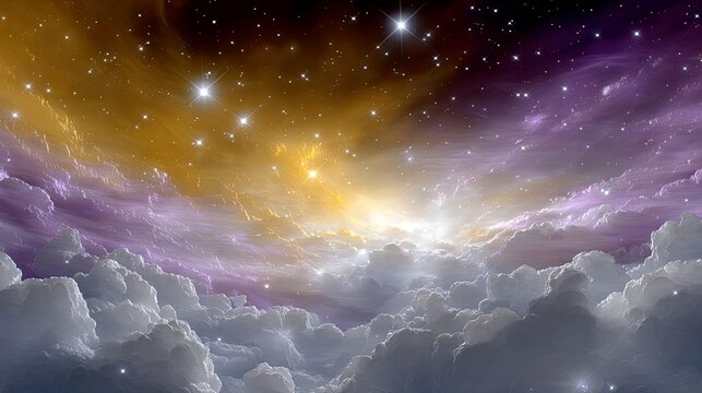 A vibrant and ethereal cosmic scene featuring swirling nebulae in shades of gold, purple, and white, illuminated by bright stars and soft clouds, creating a mys