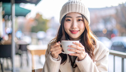 Smiling Woman Enjoying Hot Coffee Outdoors in Winter