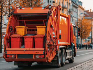 Rubbish truck with bright orange body and colorful bins parked on city street, surrounded by autumn trees, showcasing urban waste management and environmental responsibility