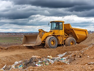 Rubbish truck maneuvering through a landfill site, surrounded by scattered debris and dirt, showcasing heavy machinery in action amidst a cloudy sky environment