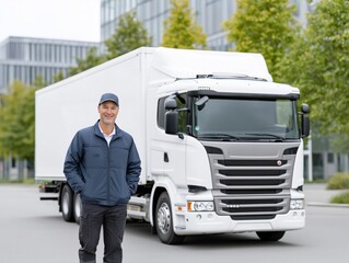 Rubbish truck parked on urban street with a smiling male driver in uniform, showcasing the vehicle's design and functionality in a clean city environment