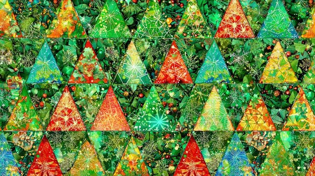 A repeating pattern of stylized Christmas trees in various vibrant colors, set against a backdrop of lush green foliage, holly leaves, and red berries. The over