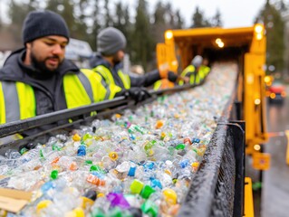 Rubbish truck collecting plastic waste, workers in reflective vests managing recycling process, showcasing environmental responsibility and teamwork in urban setting