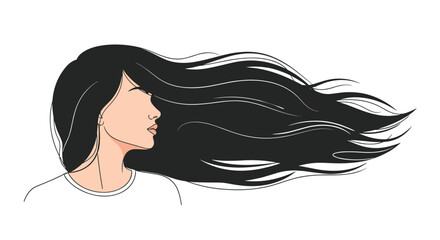 Naklejka premium Elegant and simple illustration of a beautiful woman in profile, her long, dark, voluminous hair flowing dramatically in the wind on a white background for a beauty concept.