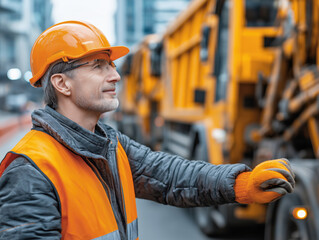 Rubbish truck operator in safety gear, wearing orange helmet and reflective vest, overseeing waste collection process in urban environment, showcasing commitment to cleanliness and safety