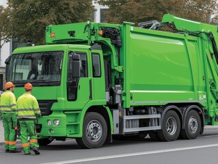 Green rubbish truck parked on urban street, with two workers in reflective uniforms discussing waste collection, showcasing modern waste management practices and environmental responsibility