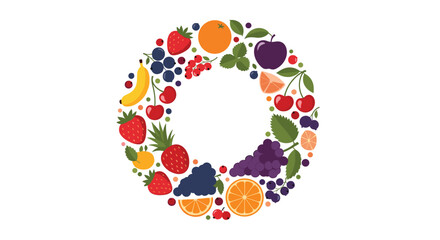 Vibrant circular frame, shaped like the letter O, composed of a variety of colorful, healthy fruits and berries, with empty space in the center for text.